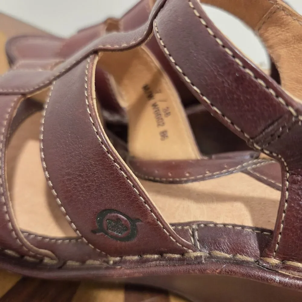 BORN Caged T-Strap Wedge Heeled Sandals US 7 Brown Leather Strappy Boho Hippie